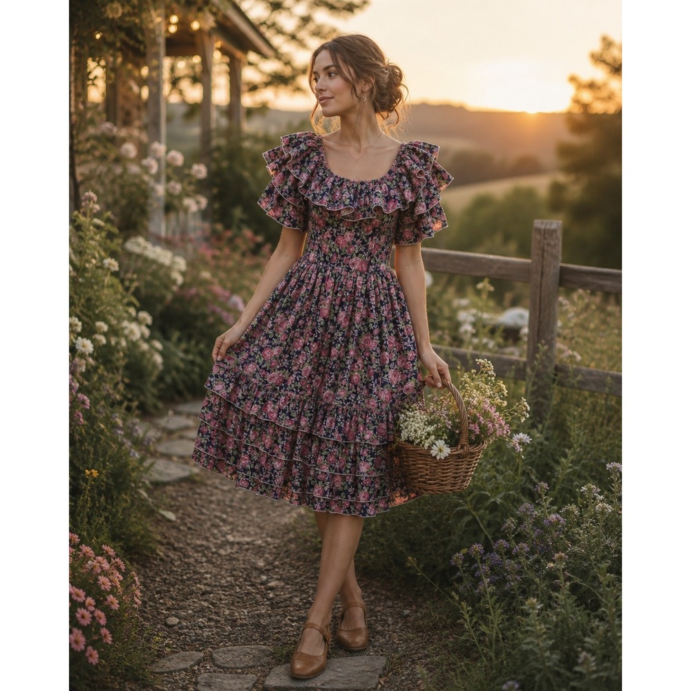 Call It Fancy Vintage Floral Ruffle Tiered Midi Dress Cottagecore Boho 8 USA